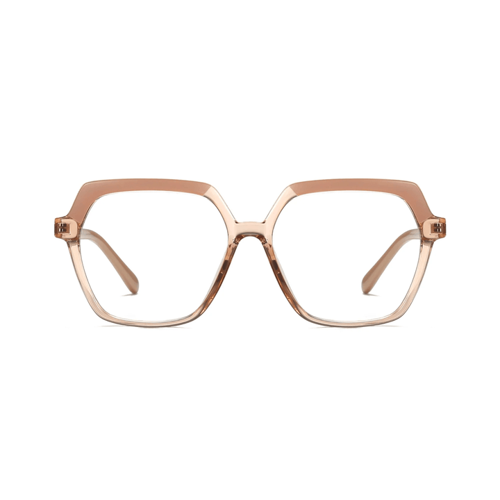 A pair of rose gold hexagon eyeglasses with a bold design.