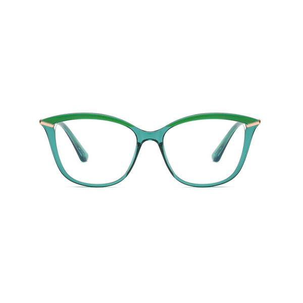 A pair of green full frame optical glasses with a cat-eye shape design.