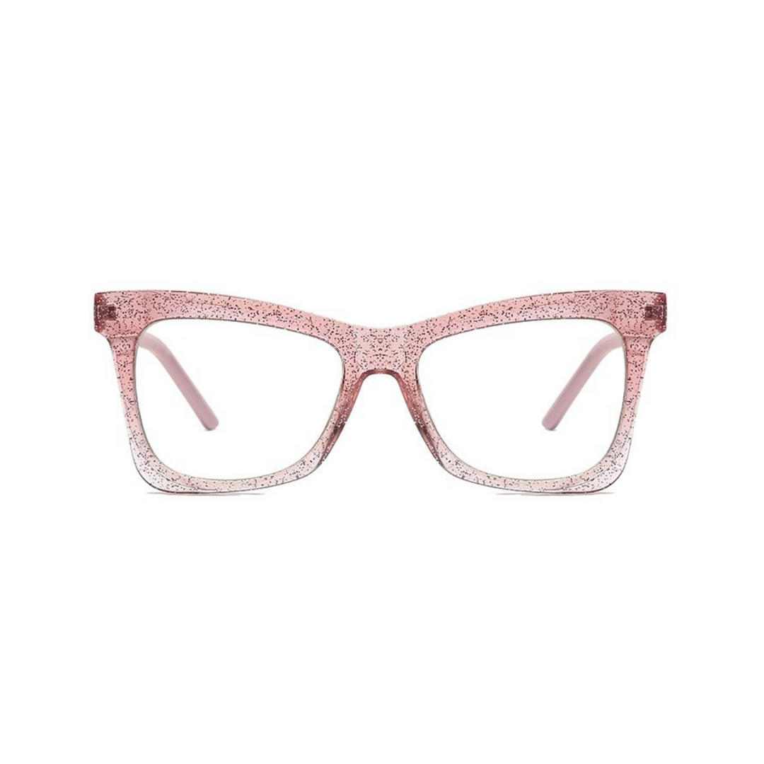 A pair of pink, glittery eyeglasses with a cat-eye design.