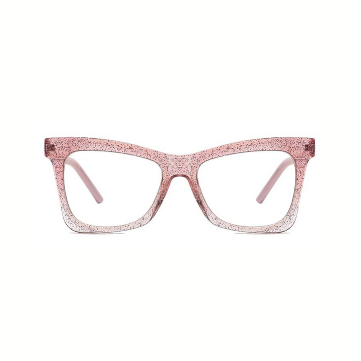 A pair of pink, glittery eyeglasses with a cat-eye design.