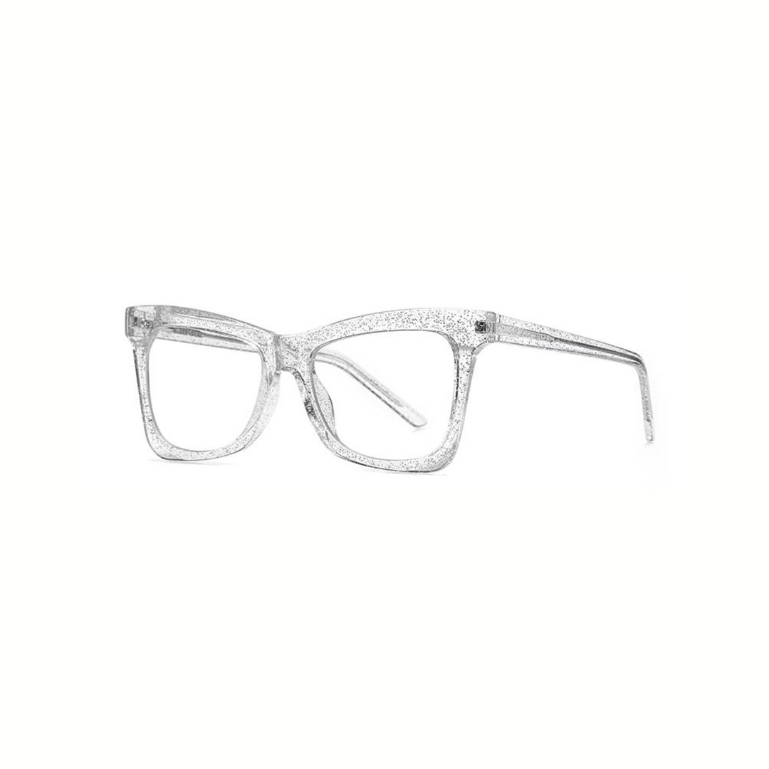 A pair of clear, glittery eyeglasses with a cat-eye design.