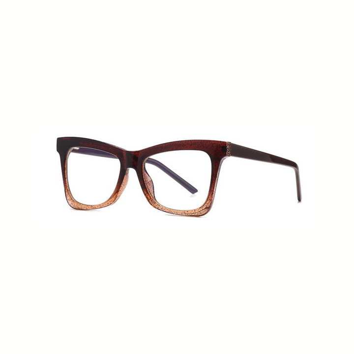 A pair of brown, glittery eyeglasses with a cat-eye design.