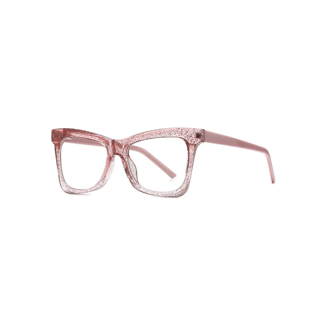 A pair of pink, glittery eyeglasses with a cat-eye design.