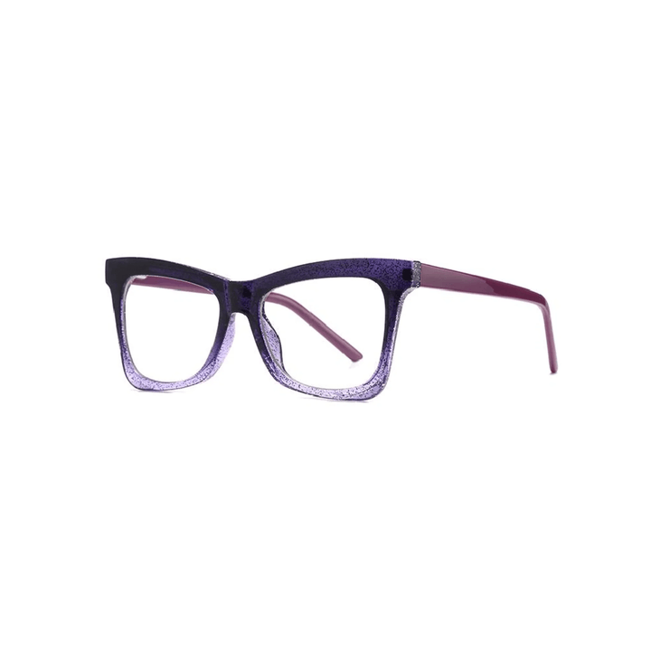 A pair of purple, glittery eyeglasses with a cat-eye design.