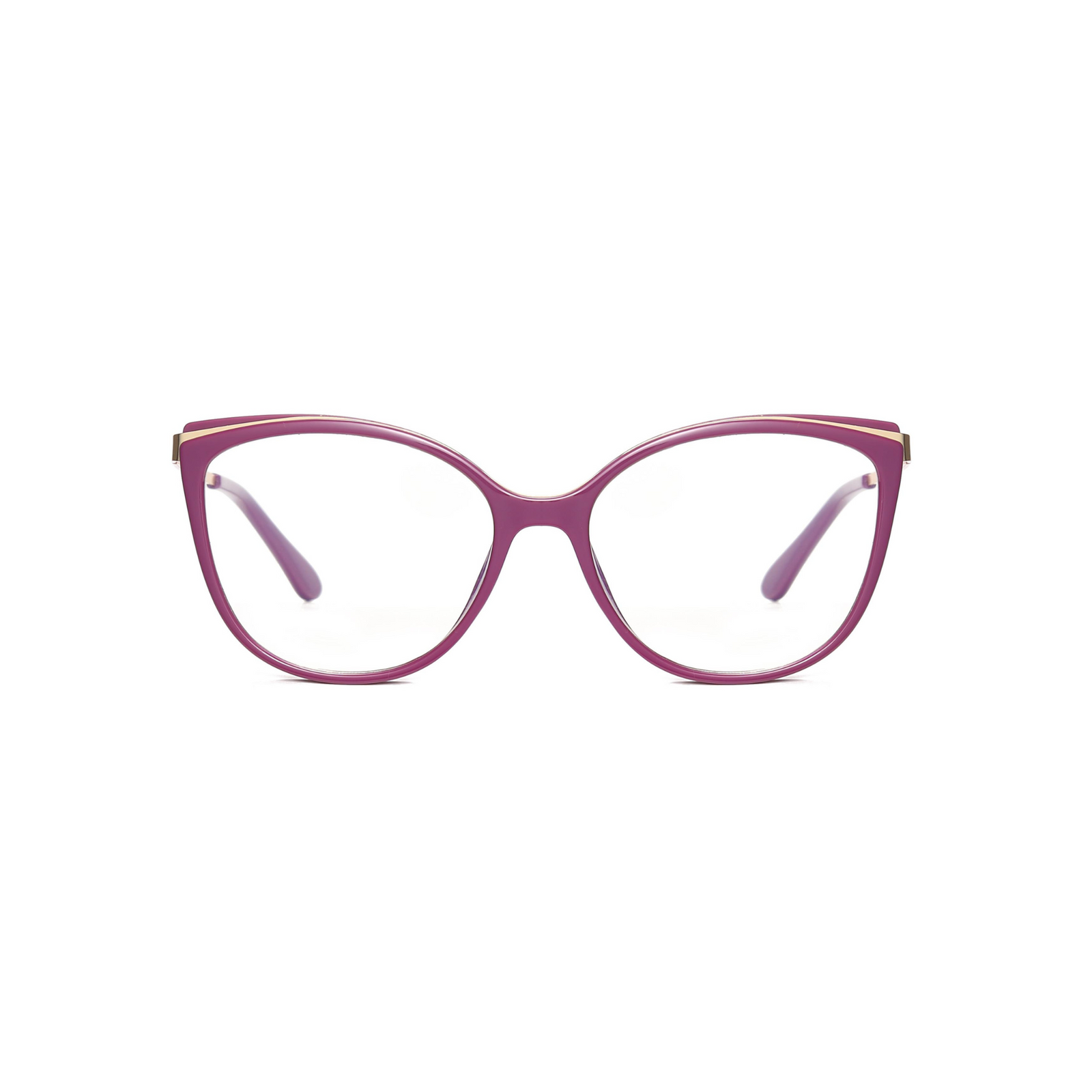A pair of purple full-frame optical glasses with a sleek design, resting against a plain background.