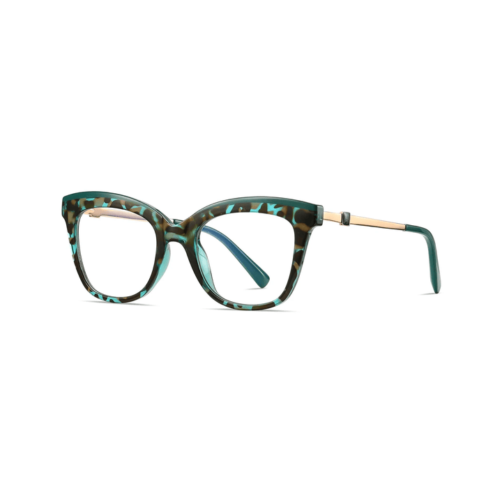 Green tortoiseshell eyeglasses on a white background