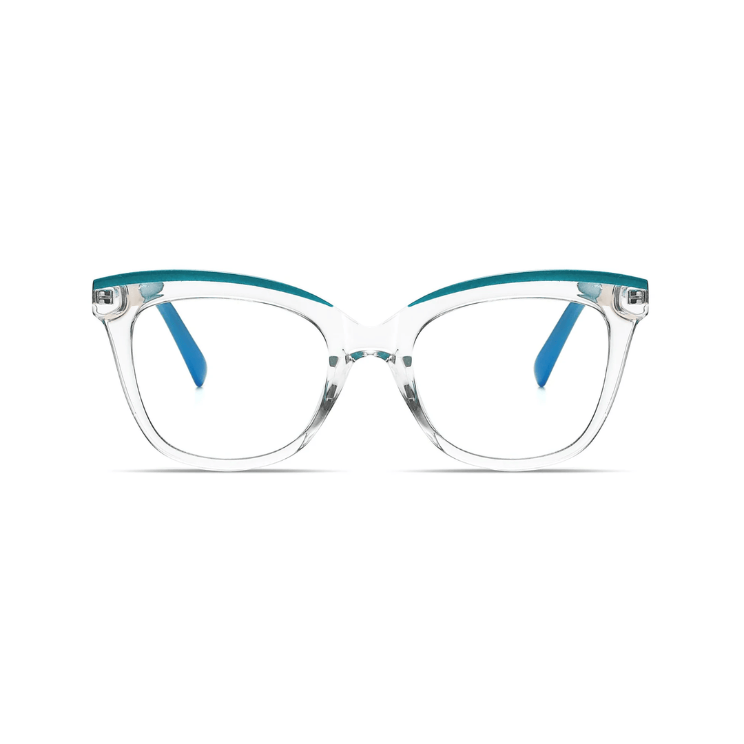 A pair of ANNA optical glasses with a cat-eye design, featuring blue accents on the arms and clear lenses.