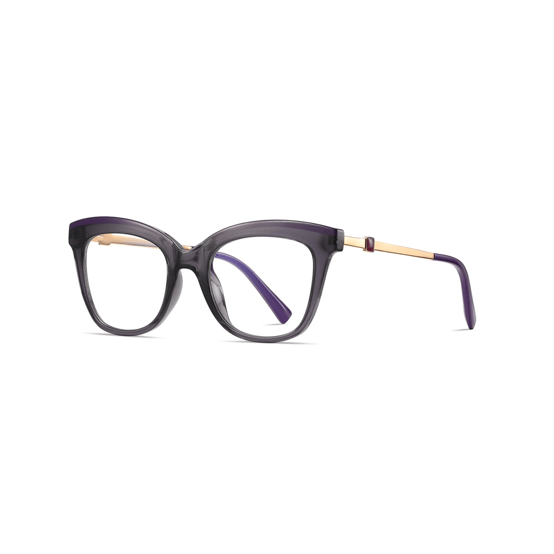 Purple eyeglasses with gold accents on a white background