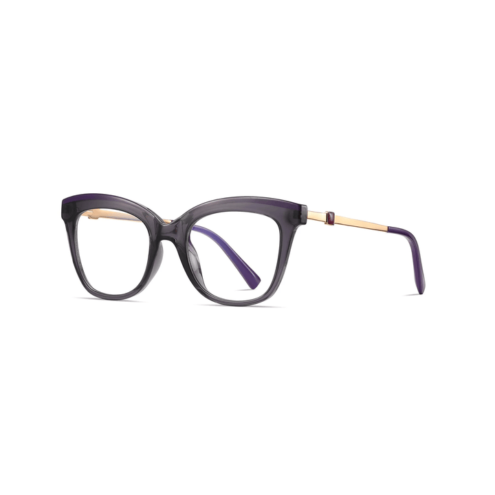 Purple eyeglasses with gold accents on a white background