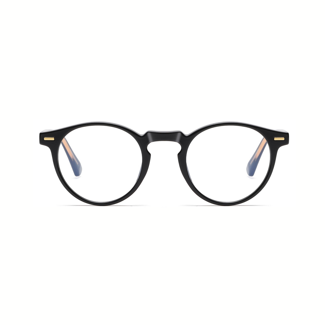 A pair of round full-frame optical glasses with black temples.