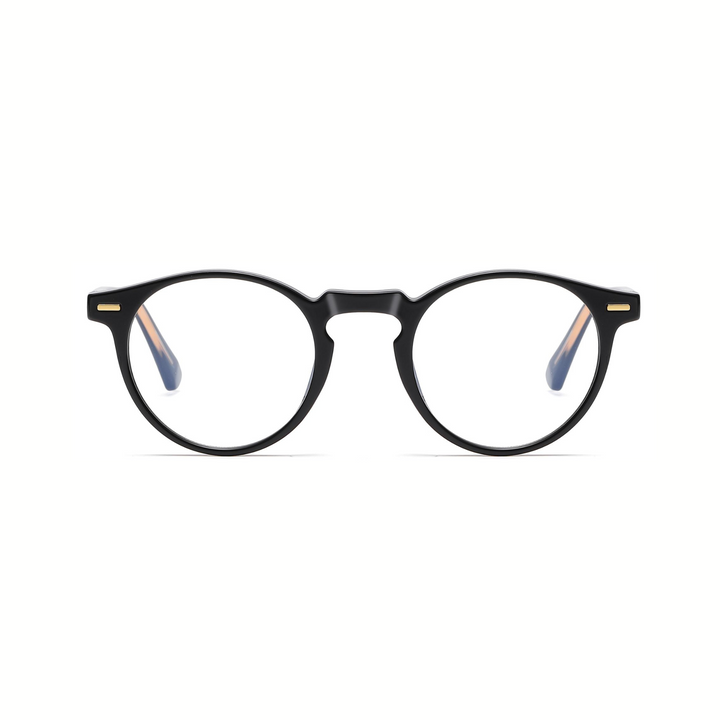 A pair of round full-frame optical glasses with black temples.