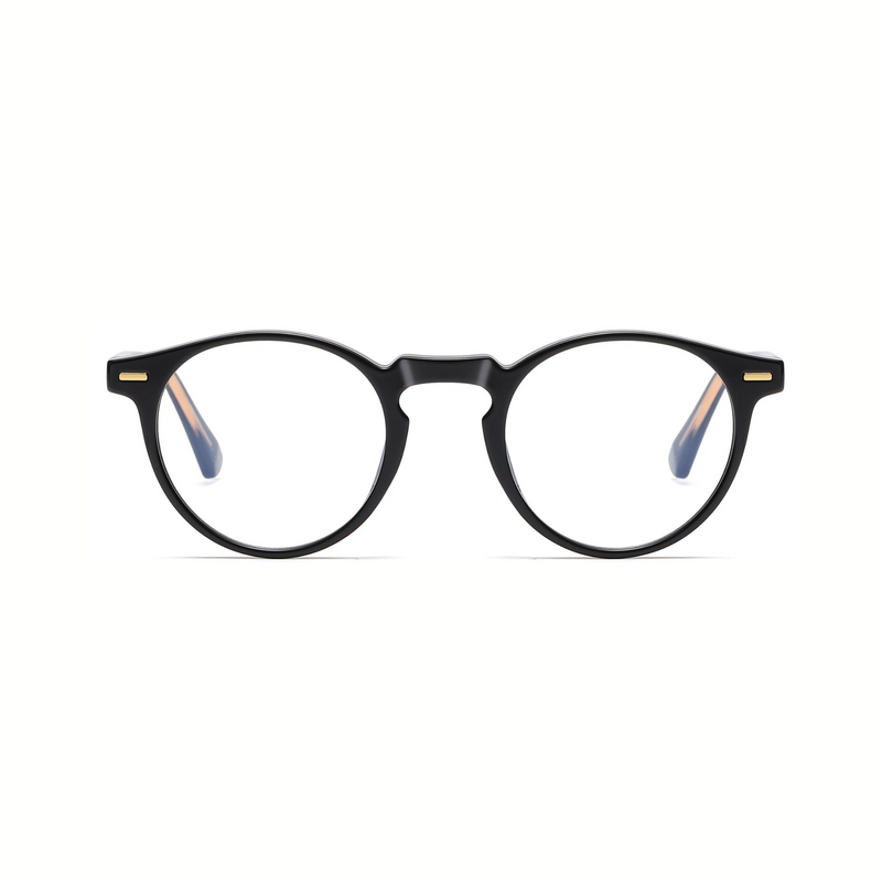 A pair of round full-frame optical glasses with black temples.