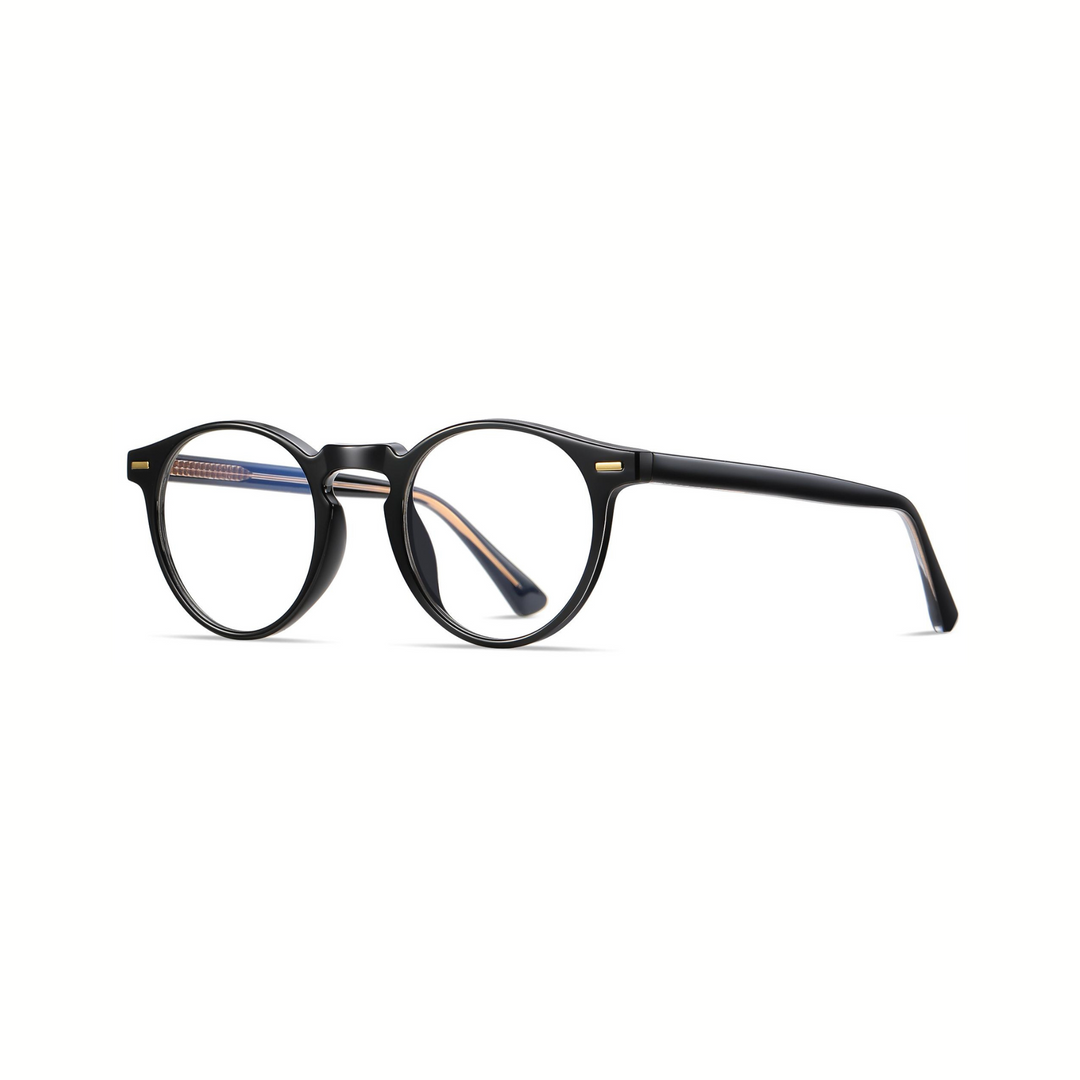 A pair of round full-frame optical glasses with black temples.