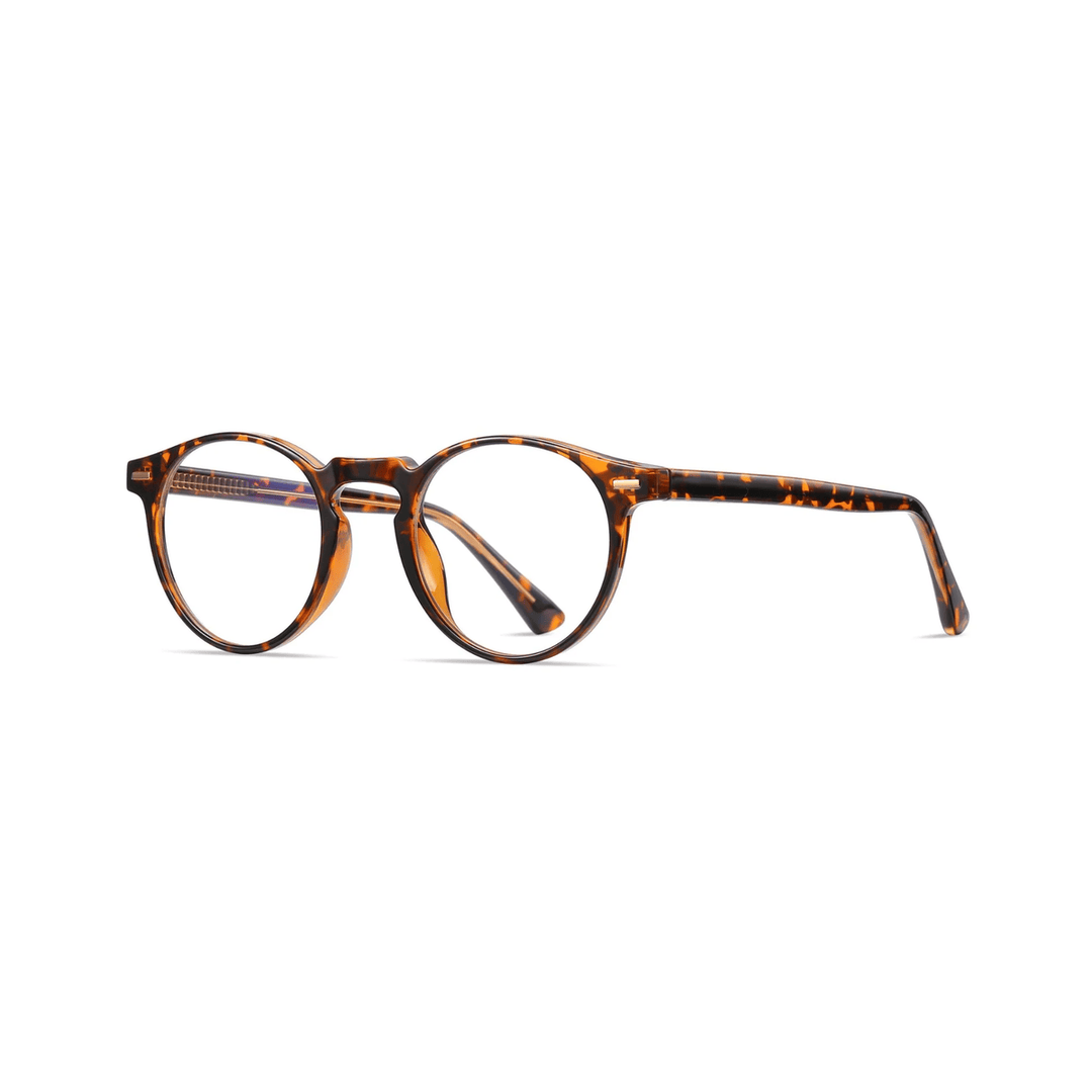 A pair of round full-frame optical glasses in  leopard print.