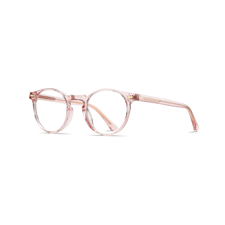 A pair of round full-frame optical glasses in pink.