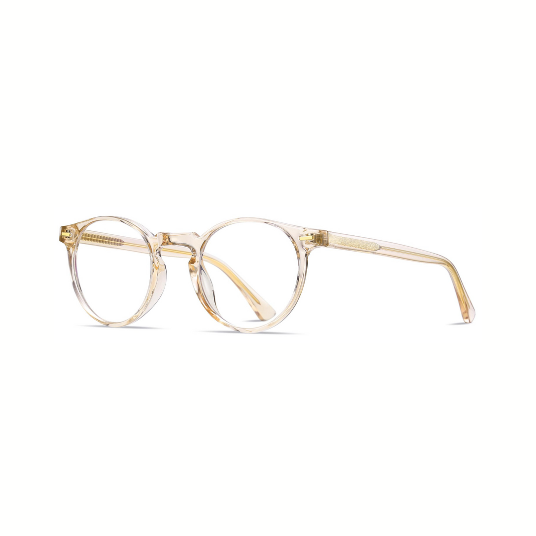 A pair of round full-frame optical glasses in gold.