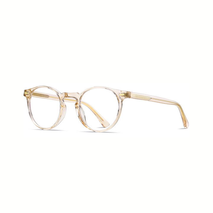 A pair of round full-frame optical glasses in gold.