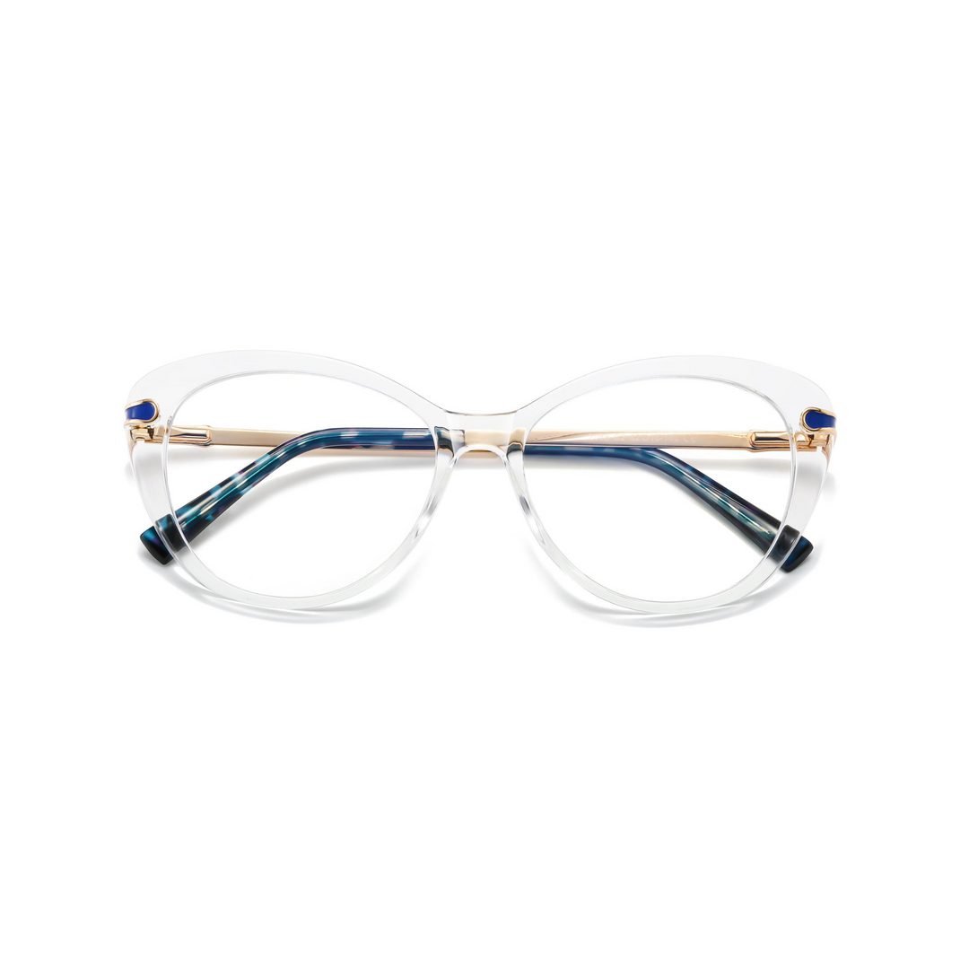 A pair of optical glasses with a sleek and stylish design, featuring a clear frame with blue accents and gold-colored metal temples.
