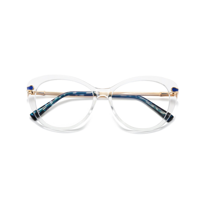 A pair of optical glasses with a sleek and stylish design, featuring a clear frame with blue accents and gold-colored metal temples.
