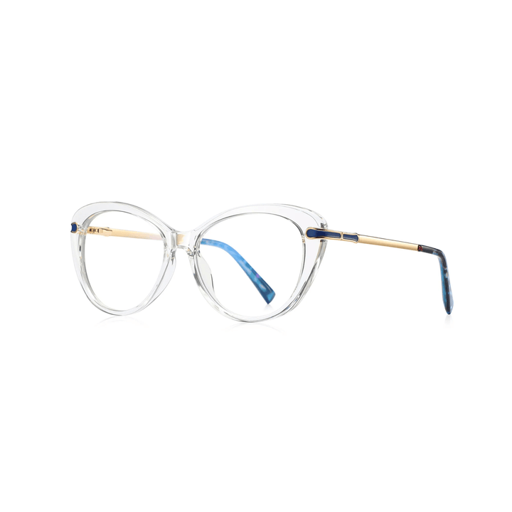 Eyeglasses with a clear frame and blue accents on a white background