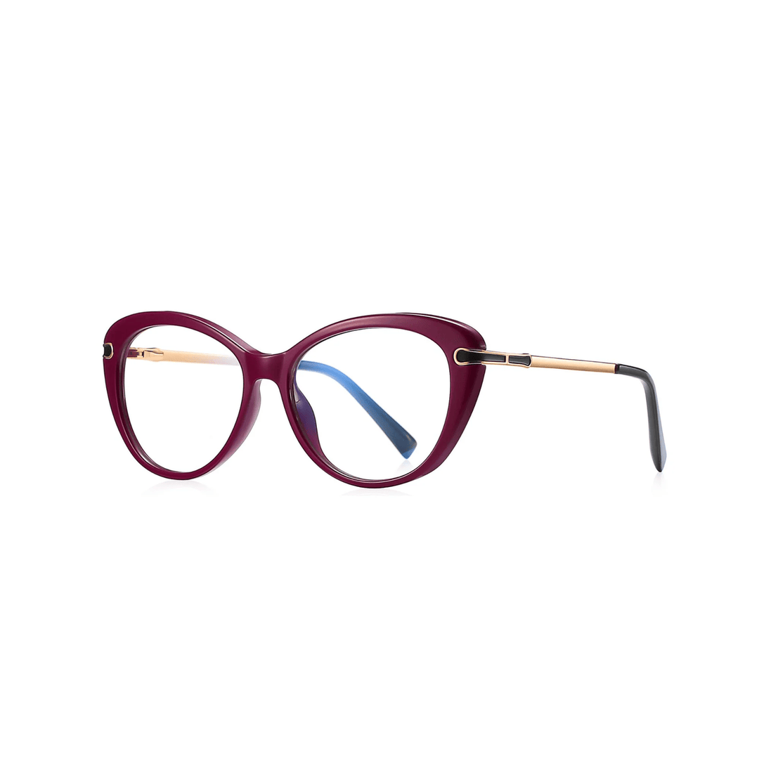 Burgundy eyeglasses with gold and blue accents on a white background