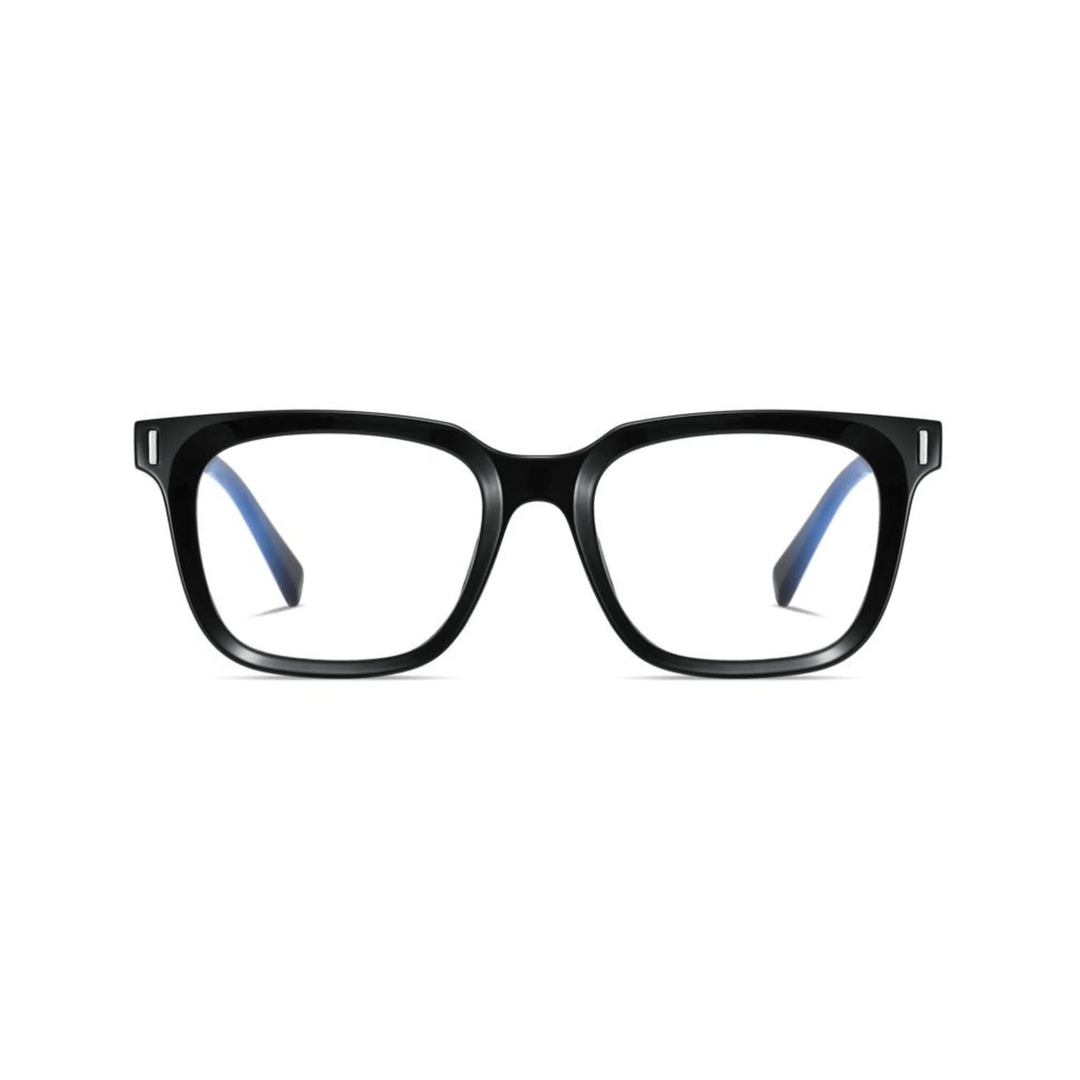 A pair of black square-shaped optical glasses.