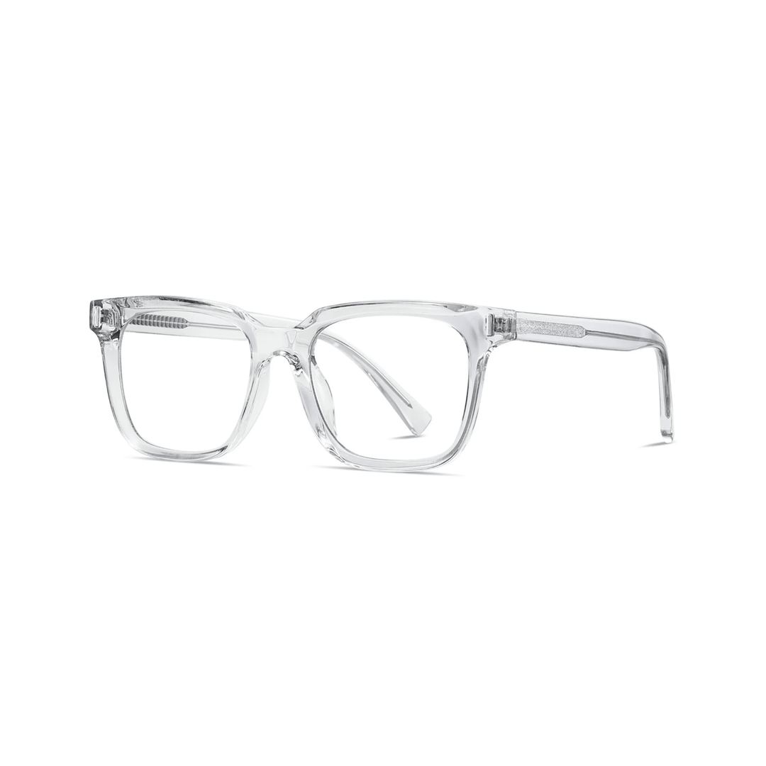 A pair of clear square-shaped optical glasses.