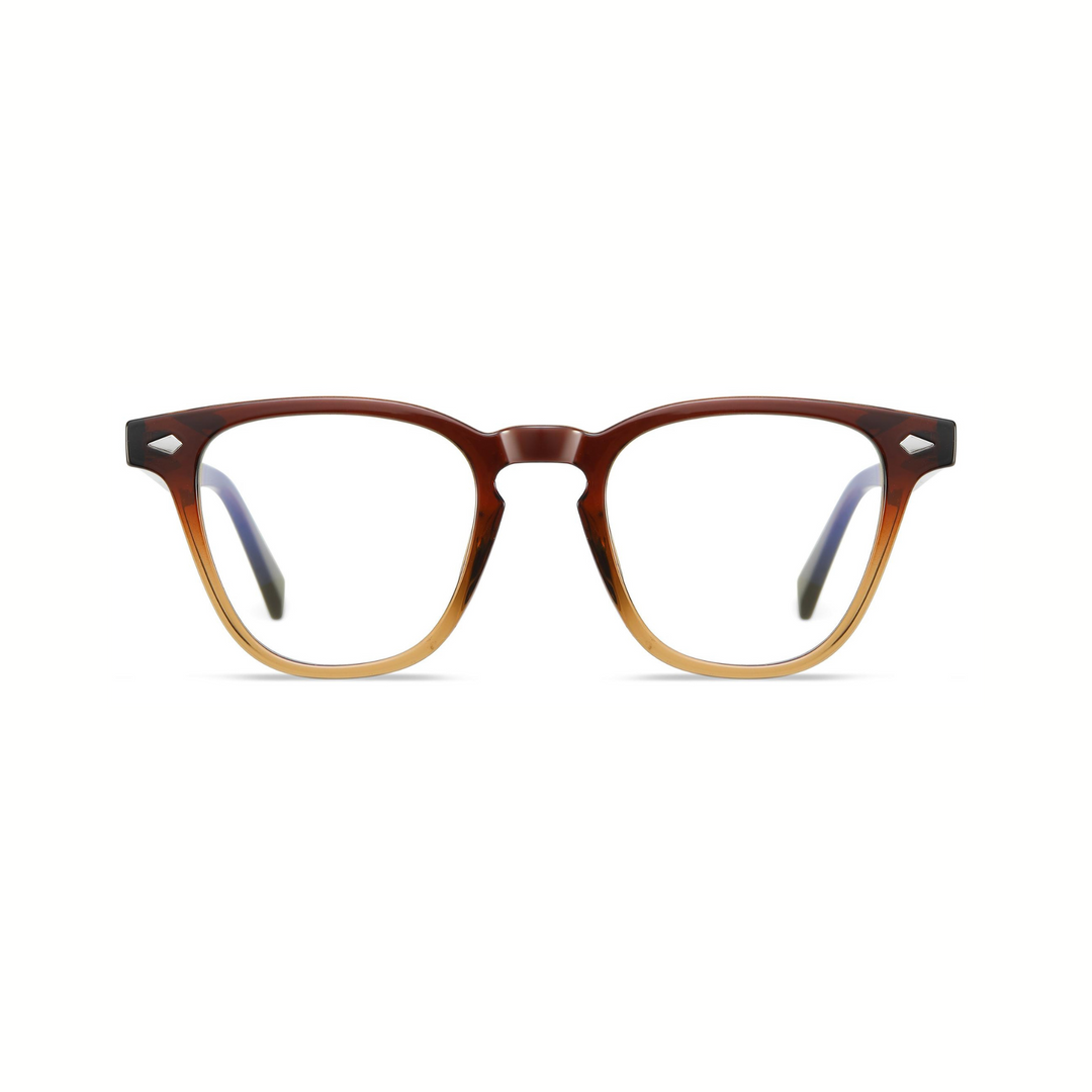 A pair of round full frame optical glasses with a two-tone design, featuring a darker frame at the temples and a lighter, transparent frame at the lenses.