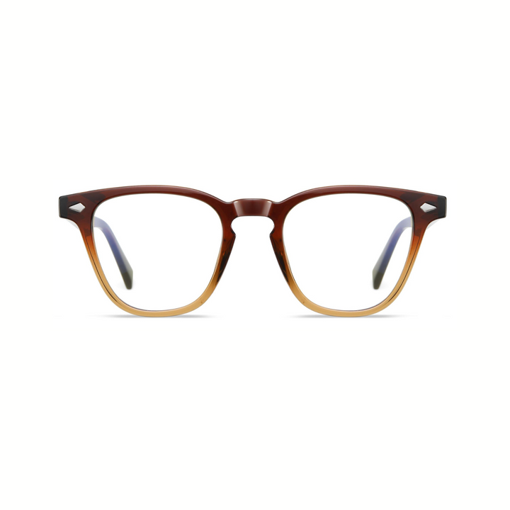 A pair of round full frame optical glasses with a two-tone design, featuring a darker frame at the temples and a lighter, transparent frame at the lenses.