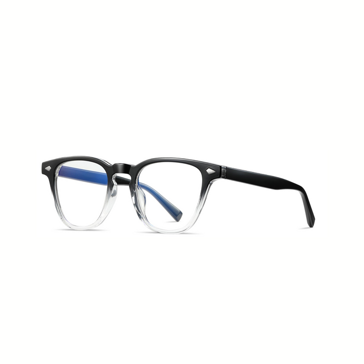 A pair of round full frame optical glasses with a two-tone design, featuring a darker frame at the temples and a lighter, transparent frame at the lenses.