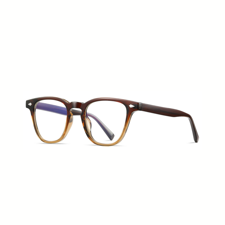 A pair of round full frame optical glasses with a two-tone design, featuring a darker frame at the temples and a lighter, transparent frame at the lenses.