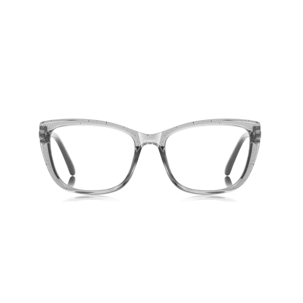 Clear acetate cat-eye eyeglasses frames with a subtle speckled pattern, shown against a solid white background.