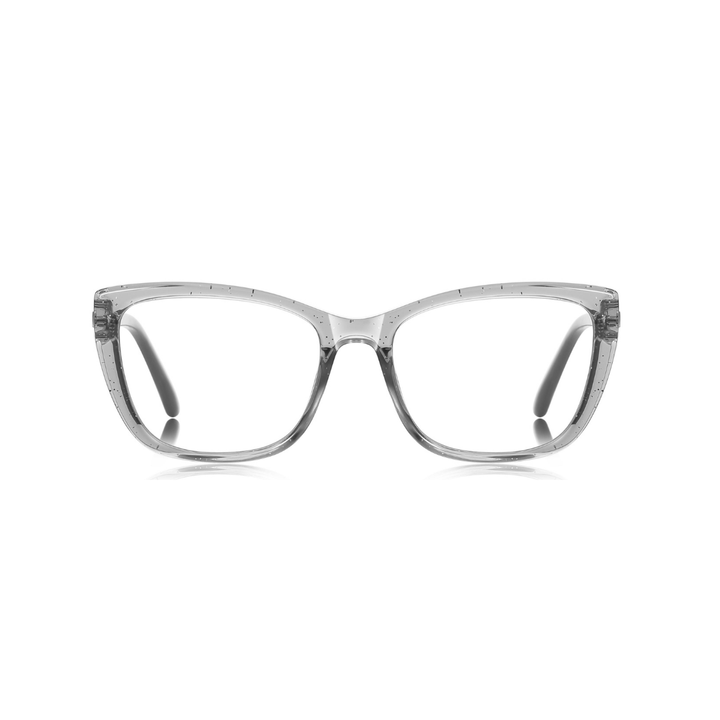 Clear acetate cat-eye eyeglasses frames with a subtle speckled pattern, shown against a solid white background.