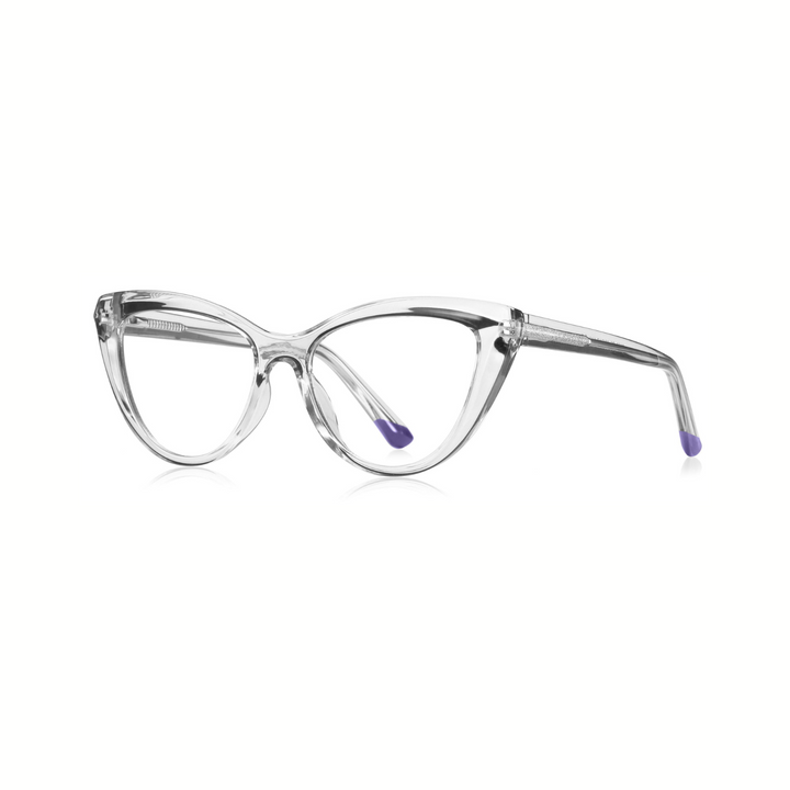 Clear eyeglasses with purple accents 