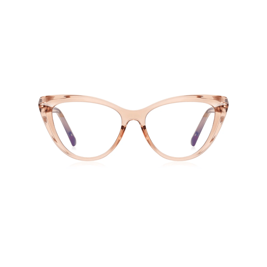 A pair of cat eye full plastic eyeglasses in pink.
