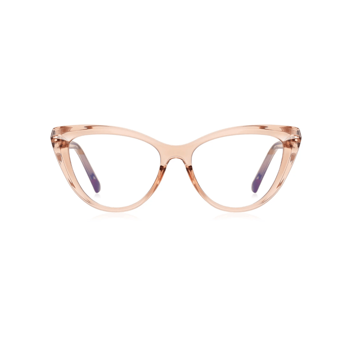A pair of cat eye full plastic eyeglasses in pink.