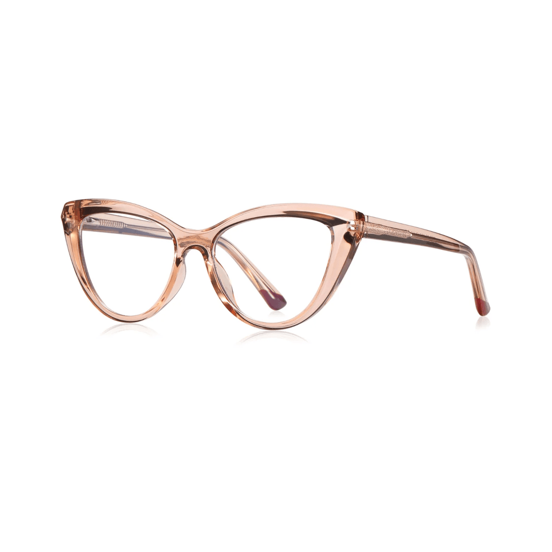 A pair of cat eye full plastic eyeglasses in pink.