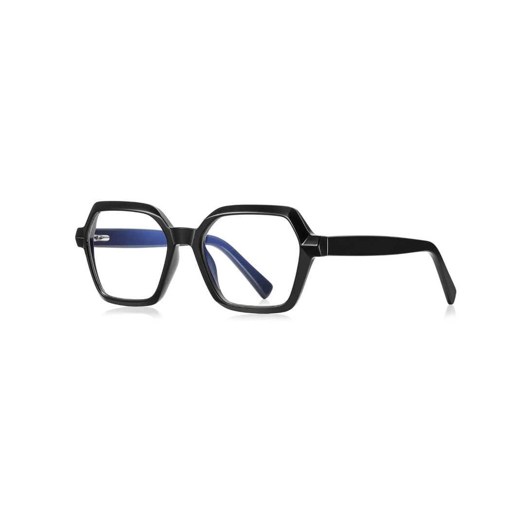 A pair of optical glasses with a geometric frame design in black.