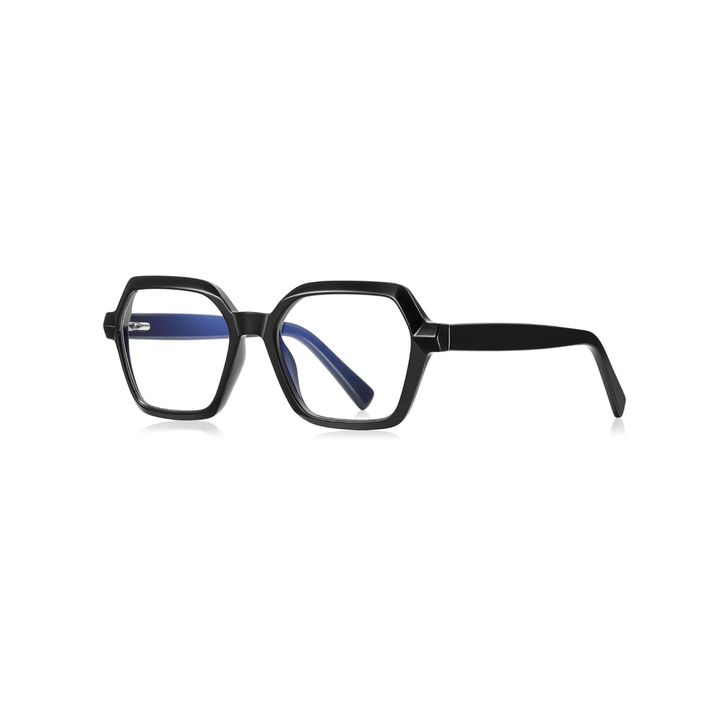 A pair of optical glasses with a geometric frame design in black.