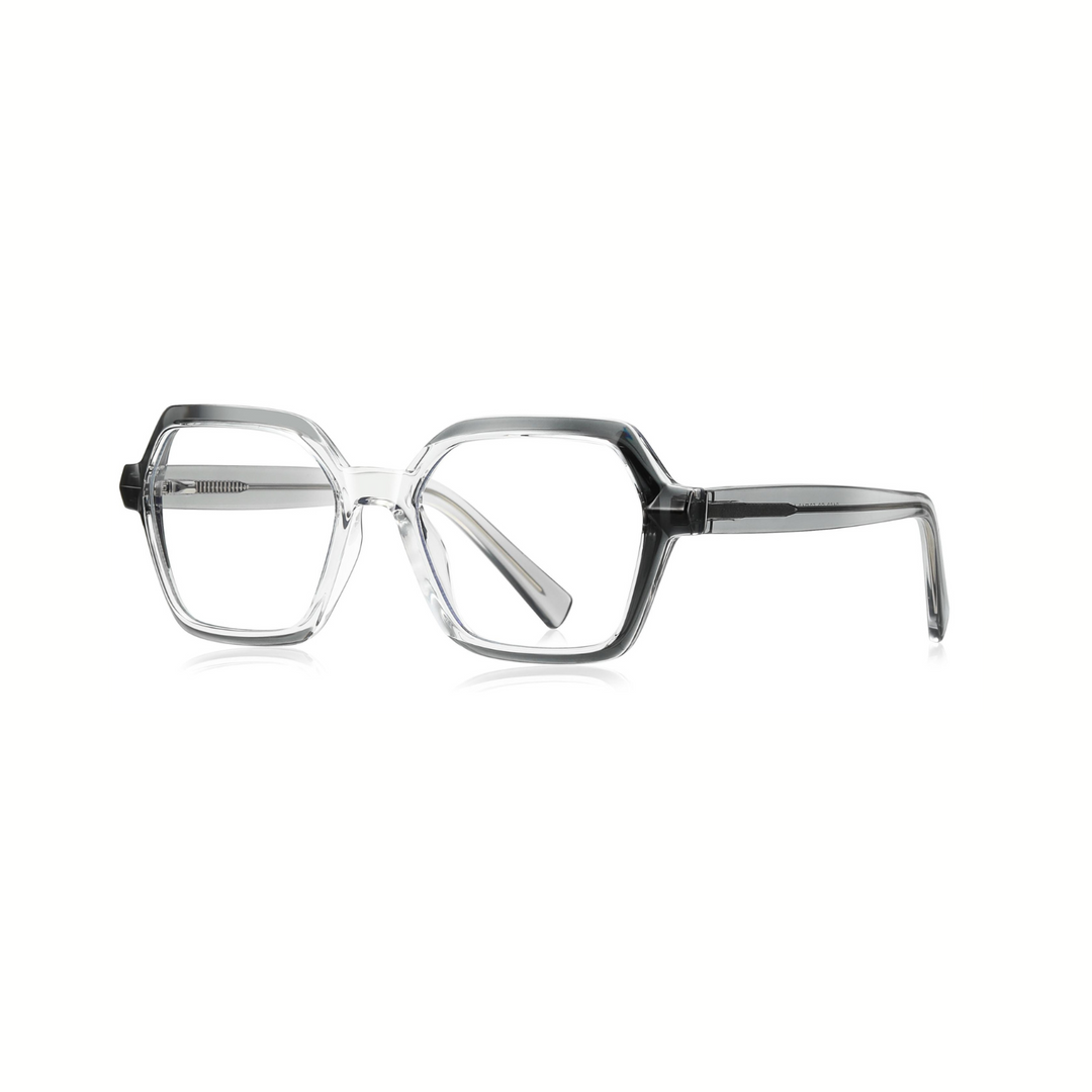 A pair of optical glasses with a geometric frame design in clear gray color.