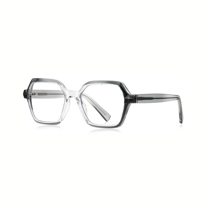A pair of optical glasses with a geometric frame design in clear gray color.