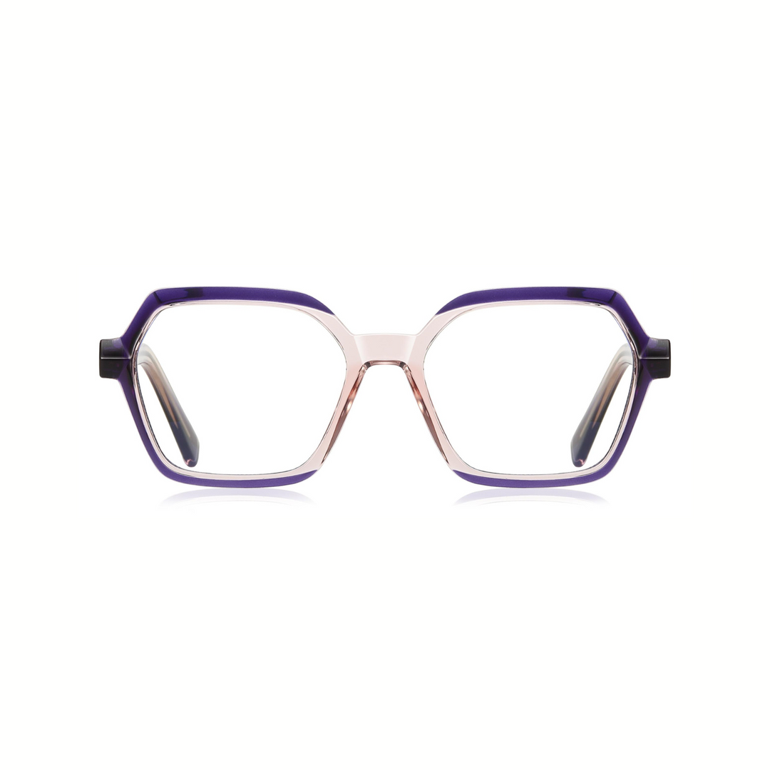 A pair of optical glasses with a geometric frame design, featuring a combination of purple and clear colors.