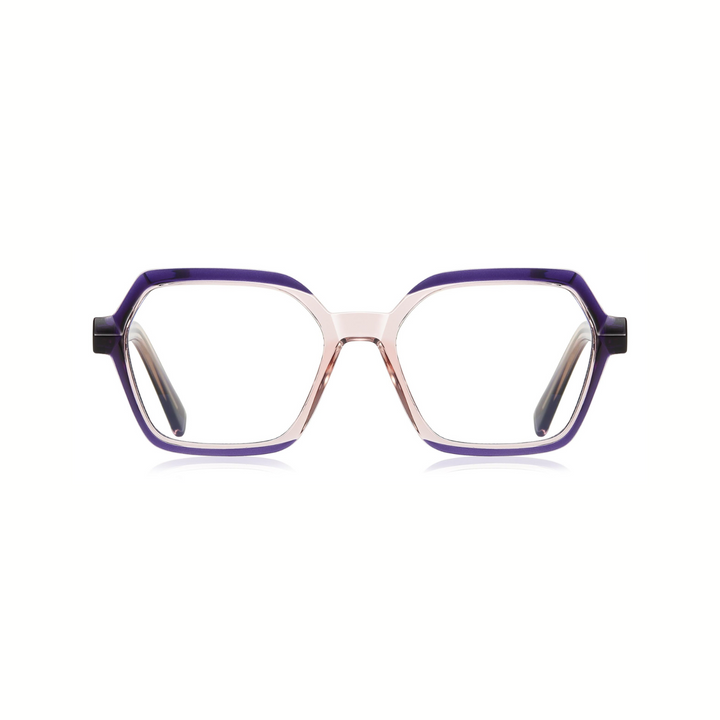 A pair of optical glasses with a geometric frame design, featuring a combination of purple and clear colors.