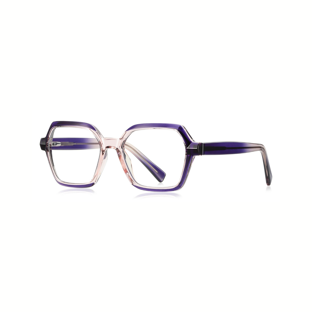 A pair of optical glasses with a geometric frame design, featuring a combination of purple and clear colors.