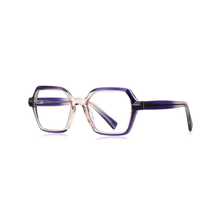 A pair of optical glasses with a geometric frame design, featuring a combination of purple and clear colors.