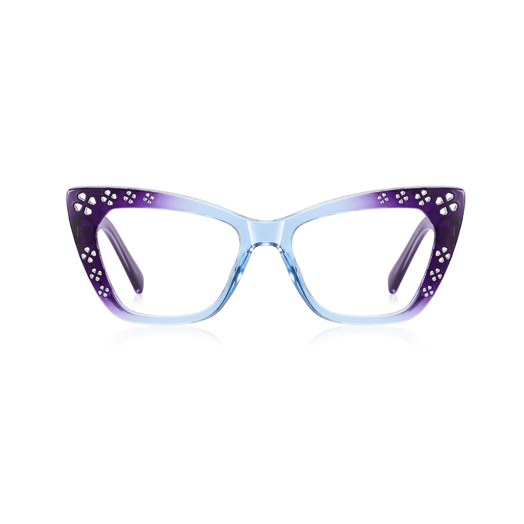A pair of sleek and bold female optical frame with a blue to purple gradient and metallic embellishments on the temples.