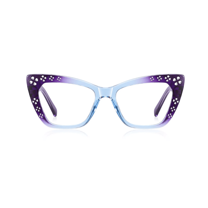 A pair of sleek and bold female optical frame with a blue to purple gradient and metallic embellishments on the temples.