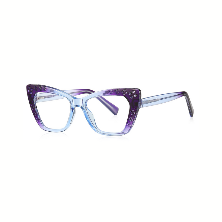 Cat-eye glasses with purple and blue gradient on a white background