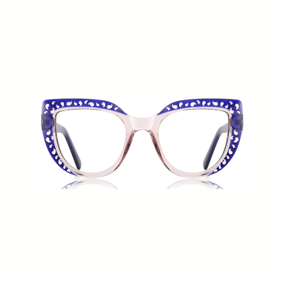 A pair of eyeglasses with blue plastic frames and clear lenses, featuring a cat-eye design.