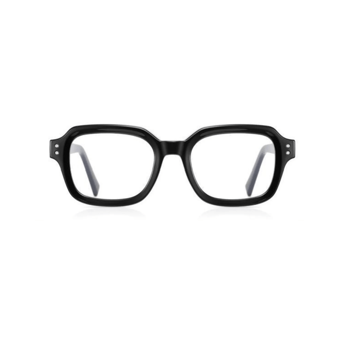 A pair of black full-rim optical glasses with square-shaped lenses.
